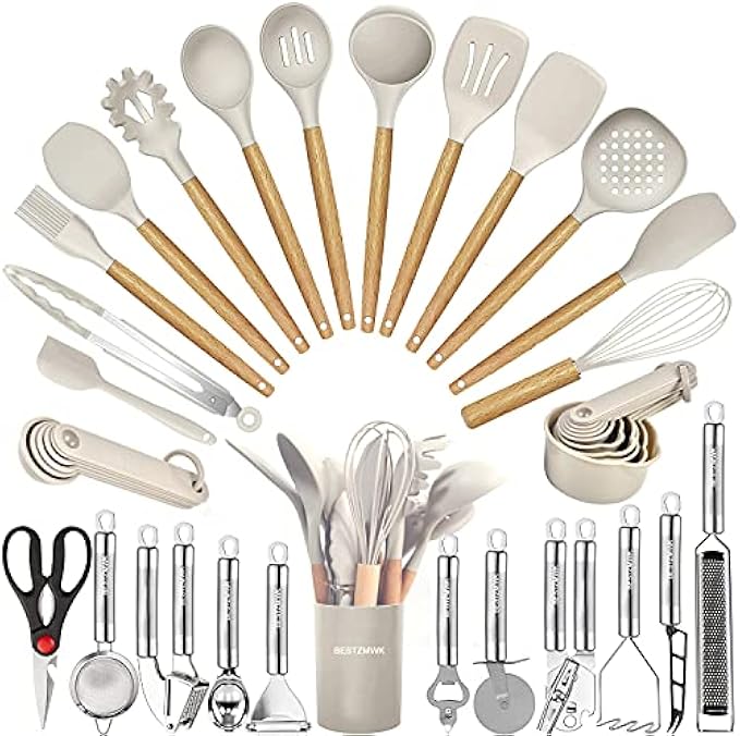 Kitchen Utensils Set- 35 PCs Cooking Utensils with Grater,Tongs, Spoon Spatula &Turner Made of Heat Resistant Food Grade Silicone and Wooden Handles Kitchen Gadgets Tools Set for Nonstick Cookware