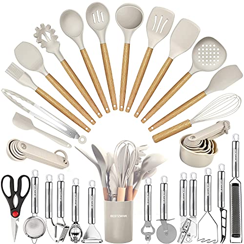 Comparison: Best Cookware Set For Wedding Registry 4 Kitchen Utensils Set- 35 PCs Cooking Utensils with Grater,Tongs, Spoon Spatula &Turner Made of Heat Resistant Food Grade Silicone and Wooden Handles Kitchen Gadgets Tools Set for Nonstick Cookware