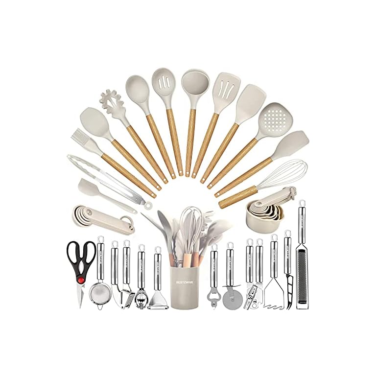 Kitchen Utensils Set- 35 PCs Cooking Utensils with Grater,Tongs, Spoon Spatula &Turner Made of Heat Resistant Food Grade Silicone and Wooden Handles Kitchen Gadgets Tools Set for Nonstick Cookware