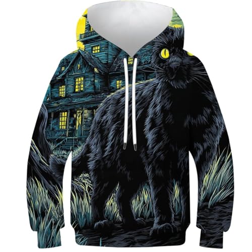 Sweat à capuche graphisme maison hantée chat noir pull 3D streetwear