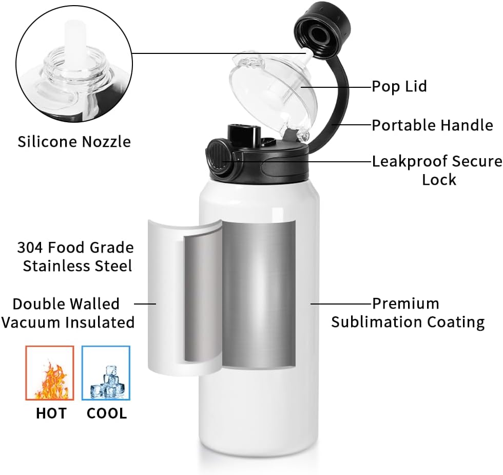 PYD Life 4 Pack Sublimation Sports Insulated Water Bottle Blanks 32 OZ / 900 ML Vacuum Flask Jug Tumblers with Straw Spout Pop Lid and Silicone Handle for Gym,Hiking,Outdoors - Image 3