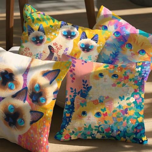 Housse de coussin lin imperméable avec fermeture éclair invisible et motif fleur chat