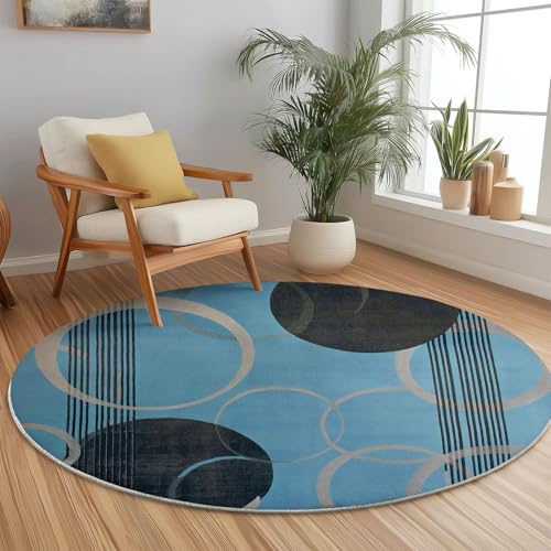 Tapis rond lavable 180cm antidérapant pour grand salon bleu