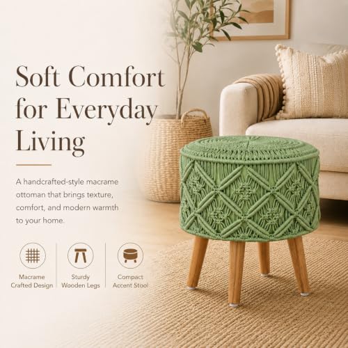 Image of Macrame Ottoman for Living Room | Handcrafted Woven Foot Rest Stool with Solid Wooden Legs | Pouffe for Sitting, Foot Stool for Bedroom & Home Decor | 16x16x18 Inch (Light Green)