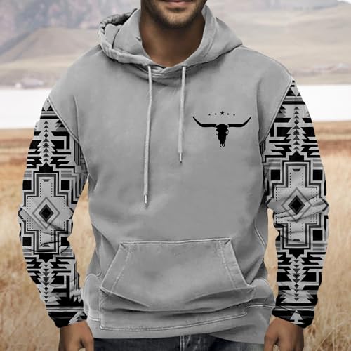 Bengbobar Men Western Hoodie Ethnic Cowboy Sweatshirt Aztec Retro Cow Skull Print Pullover Tops Casual Drawstring Sweatshirt3