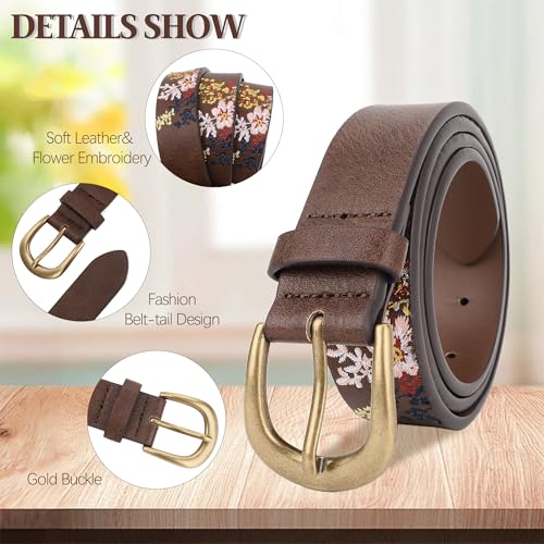 Women's Vegan Leather Belts for Jeans Dresses Pants,1.1" Fashion Ladies Waist Belt with Embroidered Flowers3