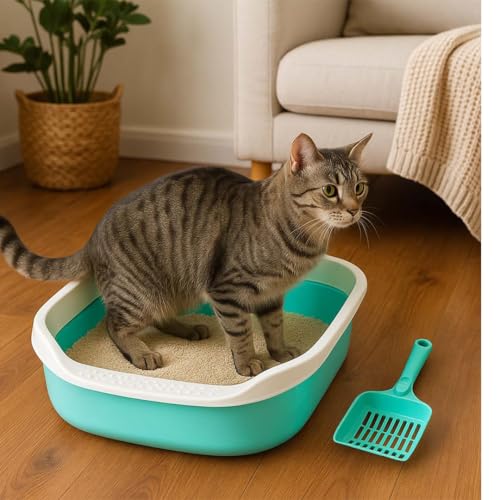 Image of PETS EMPIRE Cat Litter Box Tray with Free Scooper - Semi-Closed Design, Durable Quality, Suitable for All Adult Cats & Kittens, Green