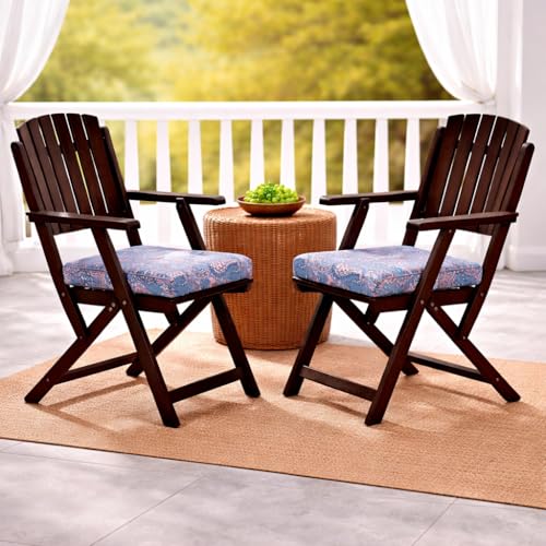Image of WELL KNOWN Set of 2 Wooden Folding Chairs, Blue Cushion | Cushion Seat & Armrests, Walnut Finish Solid Wood, Patio, Balcony & Garden, Space Saving, Indoor Outdoor Furniture