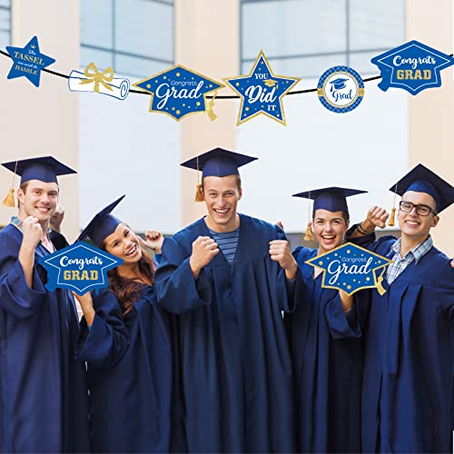 Image of party greeting 2026 Graduation Decorations Set of 24 Class of 2026 Table Decor Congrats Grad Party Centerpiece Sticks Table Toppers Graduation Party Supplies, Blue Gold