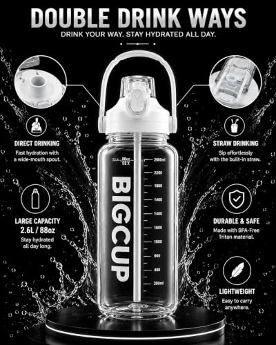 Image of Plastic Big Water Bottle 2.6 Liter with Straw Clear Motivational Time Marker Drink XL Jug with Handle for Sports Gym-(WHITE)