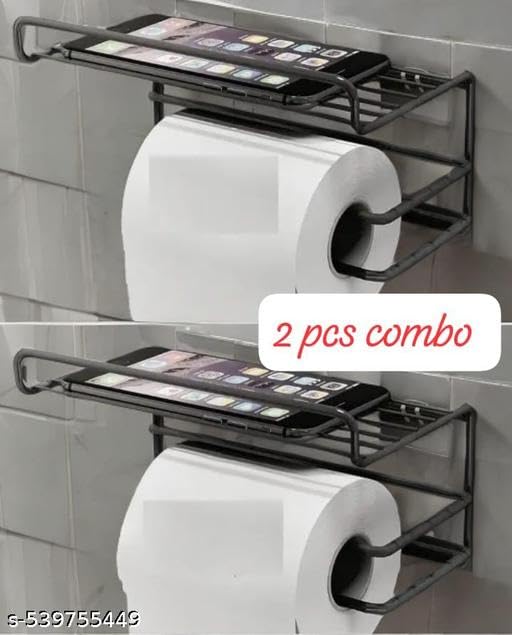 2 PIS Set No Drill Self Adhesive Toilet Paper Holder/Tissue Paper Roll Holder with Mobile Stand/Towel Holder/Bathroom Accessories (Black, Pack of 2)2PIS (Mobile+Tissue) / 515_PE2188 1