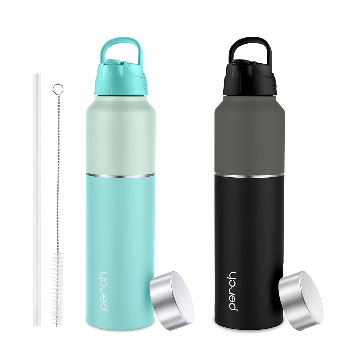 Perch Magic Stainless Steel Water Bottle Set of 2 (1 Ltr) | ISI Certified | Single Wall Fridge Bottle | Sipper Cap & Straw | BPA Free | for Home, Office, Gym & Travel | Crafted by Pexpo