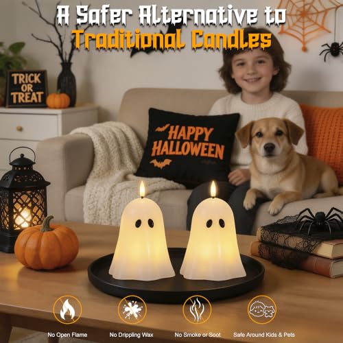 Image of Ghost Flameless Candles with Remote Timer, Spooky Halloween Decor For Home | Flickering Battery Operated LED Candles, Real Wax, Hand Painted, Table Fireplace Mantel Party Festival Decoration Gift, 2Pack