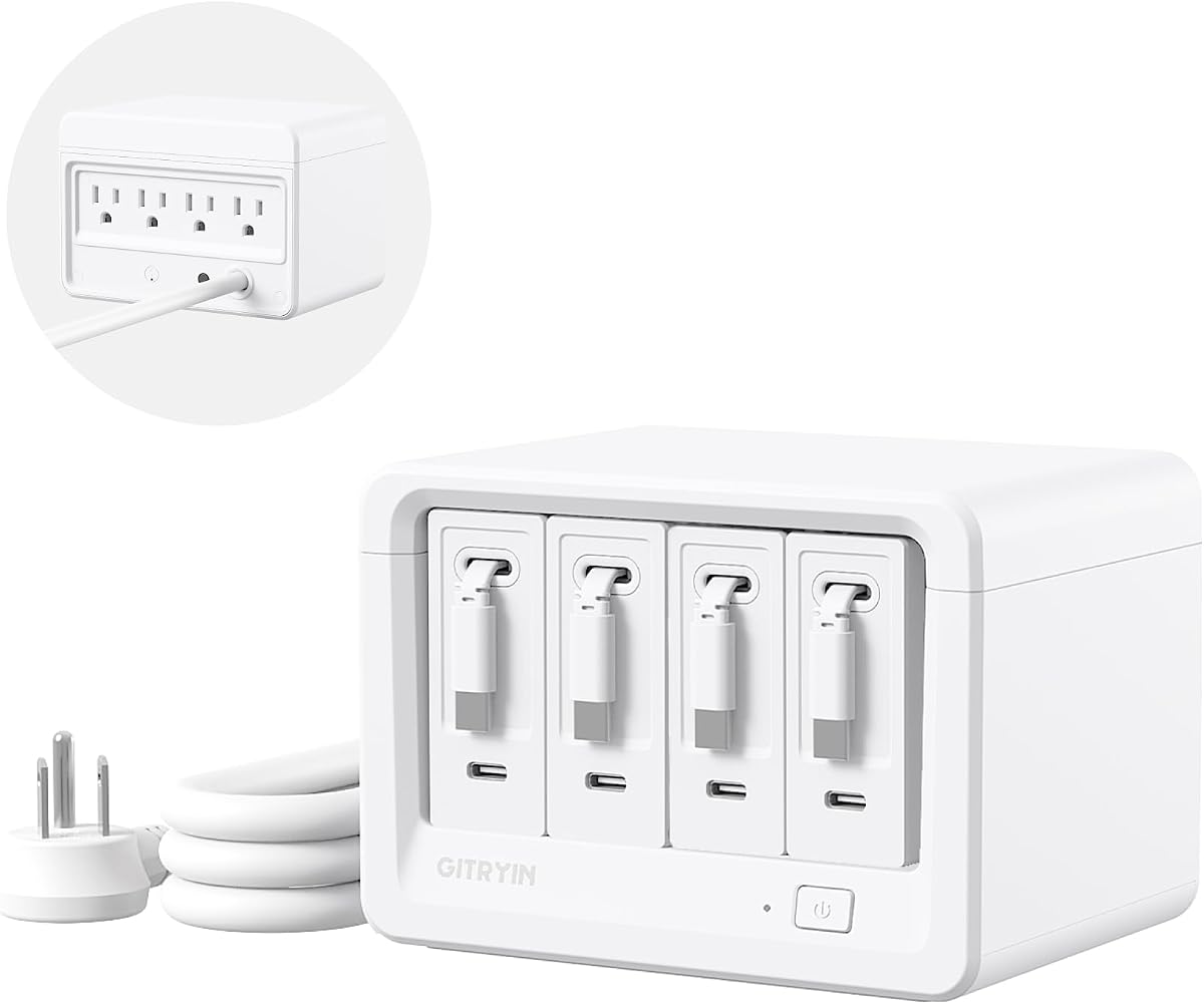 12-in-1 Desktop Charging Station, 160W USB Retractable GaN Charger | Modular Charging Hub with 4 AC, 4 USB C, 33.5in Retractable Cable, Fast Charger for Multiple Devices, Home Office Desk, White