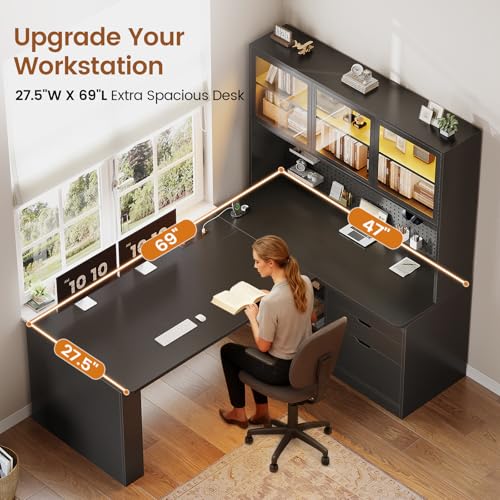 Image of SEDETA L Shaped Corner Gaming Desk with 3 Wood Drawer and Large Bookshelf