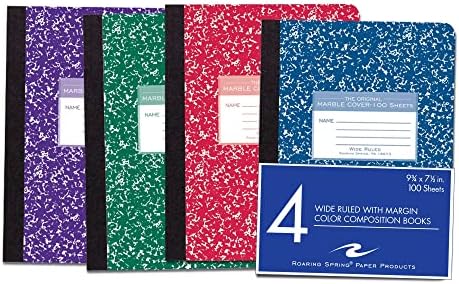 Roaring Spring Colored Composition Notebooks, 4-Pack, Wide Ruled, 100 Sheets, 15# White Paper, 9.75"x7.75", Hard Board Marble Covers in Purple, Green, Red and Blue