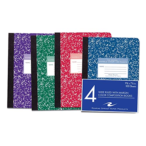 Roaring Spring Colored Composition Notebooks, 4-Pack, Wide Ruled, 100 Sheets, 15# White Paper, 9.75"X7.75", Hard Board Marble Covers In Purple, Green, Red And Blue #TOP3