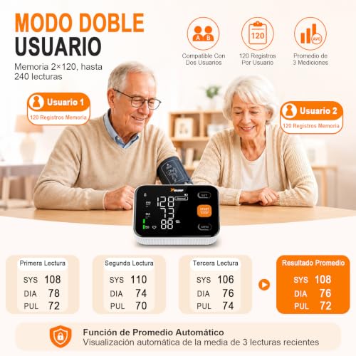 Miniatura 3 de Yisunf Tensiómetro De Brazo Digital Automático Para Uso Doméstico, Monitor De Presión Arterial Y Frecuencia Cardíaca Con Pantalla Led, 2 120 Registros, Usb-C Y Manguito Ajustable 22 42 Cm