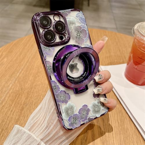 Coque iPhone 15 violette avec anneau magnétique et motif fleur rose