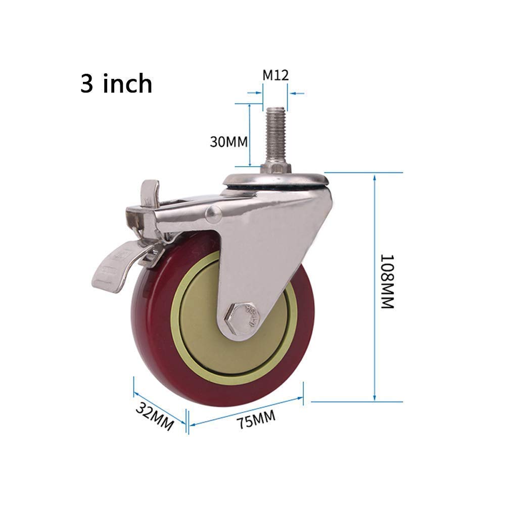4 Ruote per impieghi gravosi M12 נRuote da Trasporto industriali con Filettatura da 30 mm con Freno Ruote da 3 Pollici / 4 Pollici Rotelle silenziose per mobili girevoli Universal