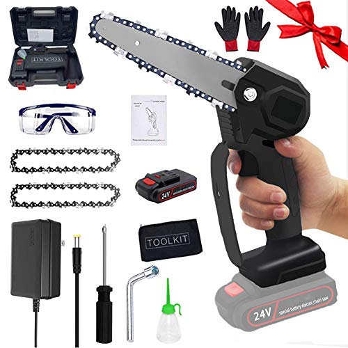 Mini motosierra de 135 ° que ahorra mano de obra Sierra de cadena eléctrica inalámbrica portátil de 6 pulgadas 24 V con pilas se puede colgar en la pared para poda de árboles de corte,black