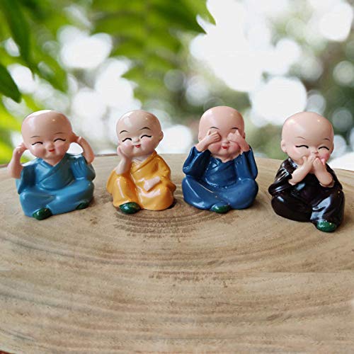 Image of AUGEN Polyresin Set of 4 Buddha Monks Statues Figurines Showpiece for Wall Shelf Table Desktop Living Room Car Dashboard Decoration Home Office Decor (Multicolour)