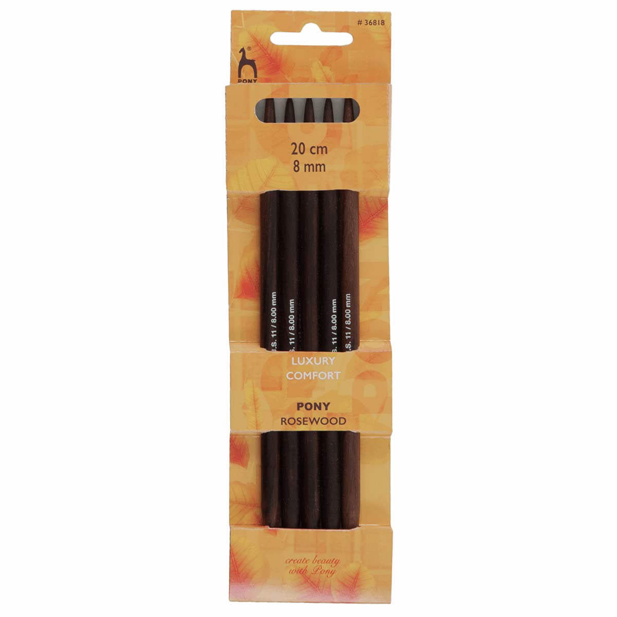 Pony Double Ended Rosewood Wood Knitting Pins - 20Cm x 8.00mm, Set of 5