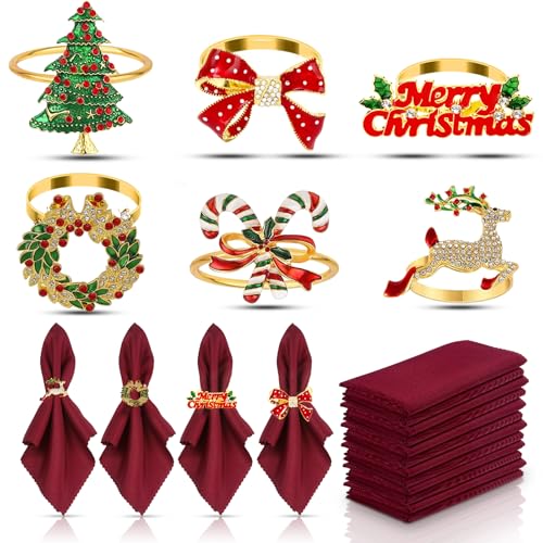 KPOSIYA Christmas Napkin Rings Set of 6 with 6 Cloth Napkin, Gold