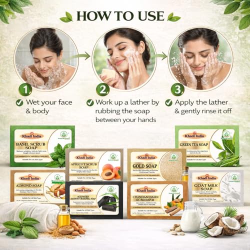 Image of Khadi Organic and Natural Handmade Bathing Soap for Men & Women By Bhudevam Naturals | Assorted Herbal & Chemical-Free Face and Body Soap for Gentle Cleansing & Healthy Skin (Assorted Bathing Soap (Pack of 10))