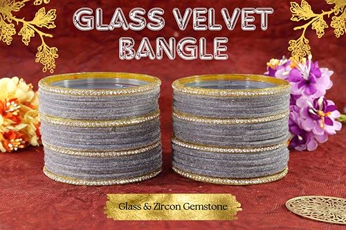 Image of NMII Fancy Glass Golden Zircon Diamond Stone & Velvet Finish Plain Bangles Set For Women & Girls | Glass Velvet Bangles | Kanch ki Chudiyan | Girl's Bangles Bracelet | Fashion Jewellery- Set of 32