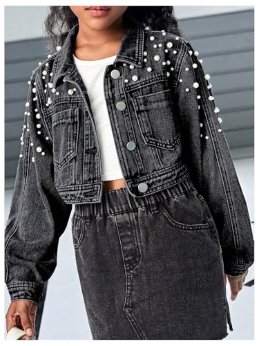 Image of WDIRARA Girl's Beaded Denim Jacket Button Down Collared Long Sleeve Jeans Jackets Y2K Outerwear