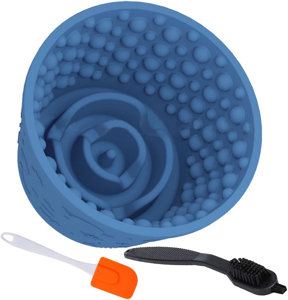 Dog Lick Bowl with Brush Scraper,Anxiety Relief Non-Slip Treat Dispenser,Durable Anti-Choking Enrichment Slow Feeder Licking Bowl for Medium Large Breed,Freezable BPA Free Silicone Dishwasher Safe
