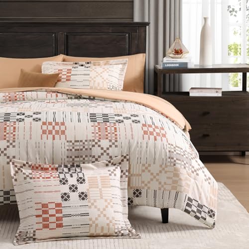 Image of MaiReve Queen Comforter Set, Classic Plaid Farmhouse Bedding Sets 7 Pieces, Beige All Season Bed in A Bag with Sheets, Pillowcases & Shams