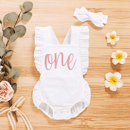 Shalofer Baby Girls One Year Old Outfits First Birthday Romper Cute Backless Ruffles Jumpsuit With Headband (White,12-18 Months) #TOP4