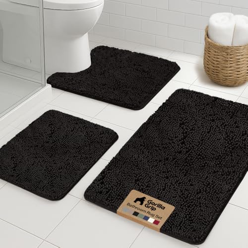 Image of GORILLA GRIP Bathroom Rug Sets 3 Piece, Bath Mat Set and Oval Toilet Base with Rubber Backing, Plush Absorbent Shaggy Chenille Washable Mats, Includes 24x19.5, 24x17 and 30x20 Inch Rugs, Black