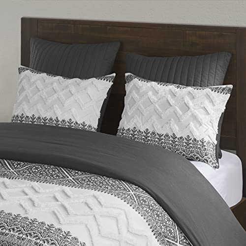 Image of Ink+Ivy Queen Comforter Set, Chic Chevron Chenille Tufting, Boho Comforters, All Season, Lightweight Cotton Comforter Bedding, 2 Shams, Mila, Full Grey 3 Piece