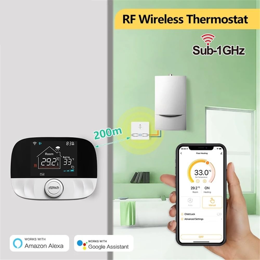 RF433 bezprzewodowy termostat WiFi dopasowanie do podłogowego wodoodpornego Kotłak domowy Tuya Smart Programowalny kontroler temperatury(Black T9N Set)