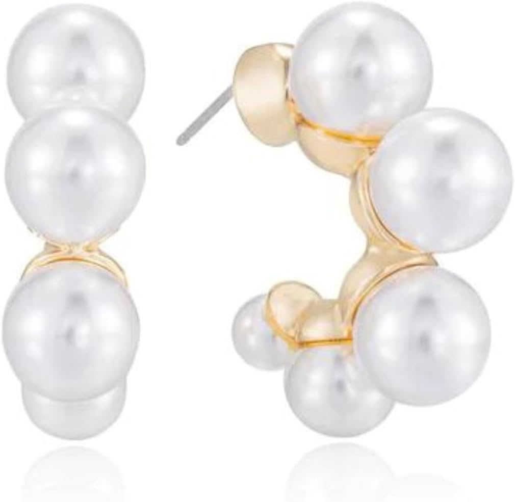 Ettika Gold Hoop Earrings. Pearl Earrings. 18k Gold Plated Hoops, White Pearl. Earrings For Women, Jewelry