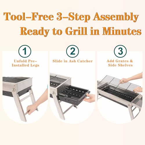 Innochef Portable Folding Charcoal Grill - Stainless Steel Compact BBQ for Camping, Picnic, Tailgating Image 6