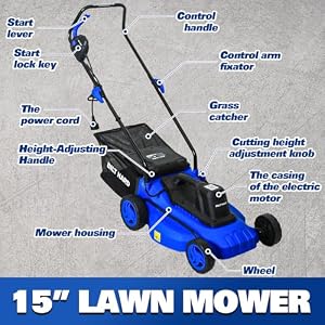 BILT HARD 15" Corded Electric Lawn Mower, 11A Motor 3300RPM Push Mower with 35L Grass Bag, 5 Height Adjustments (1"-3"), Lightweight & Foldable Handle for Small Yards — photo 3 of 6