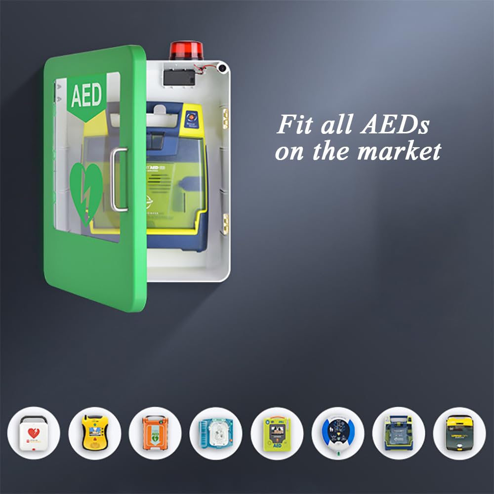 AED-Defibrillator-Schrank, AED-Alarmbox mit abgerundeten Ecken und Edelstahlgriff, transparentem Glasfenster Doppelschaltersteuerung zur Wandmontage