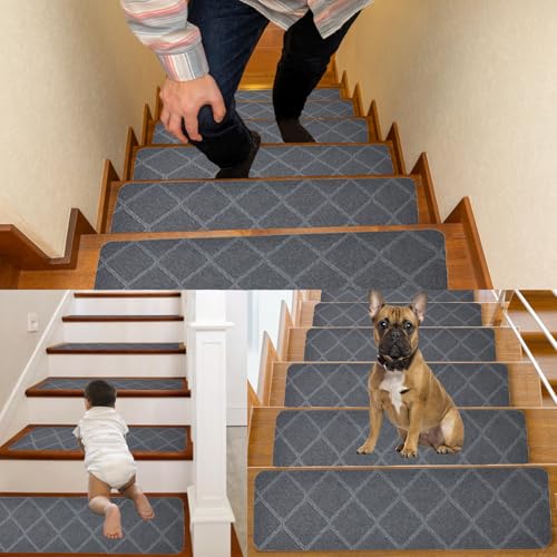 15 PCS Stair Tread Pads Non-Slip Wooden Step Protectors - 20 x 76cm Stair Carpet Treads Reusable Stair Runner Rugs Carpet Covers for Indoor, Wooden Steps, Home, Pets, Kids & Elders (Dark Gray) - Image 6