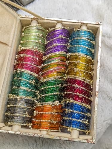 Multicolour glass bangles with ghungroo bangles combo set of 12 dozen with organiser box, bridal bangle sets, wedding gift boxes, jewellery sets festive (2.4 Size) — view 2