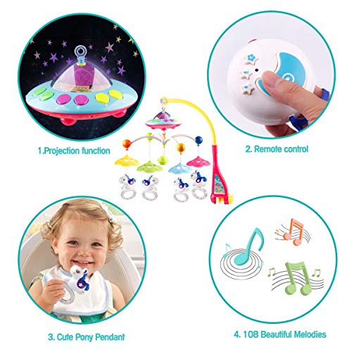 BOBXIN Baby Musical Crib Mobile with Projector,Light and 108 Melodies Music Box,Remote Control and Hanging Rattles Rotating,Gift for Newborn(with Bibs) - Thumbnail 6