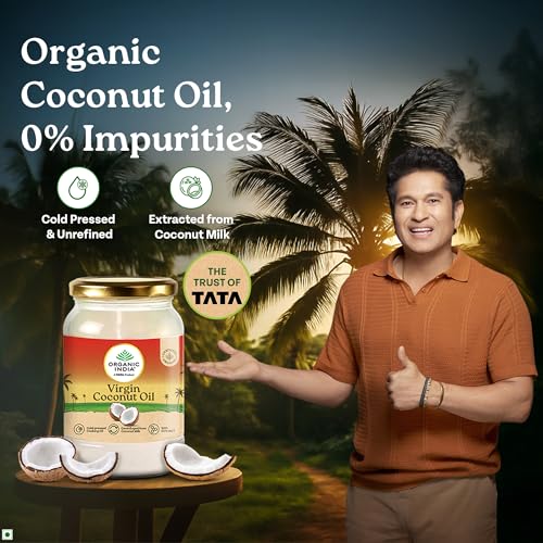 Image of A TATA Product - Organic India Virgin Coconut Oil 500ml, Certified Organic, Lab Tested on 600+ Parameters, Cold Pressed, Extracted from Organically Grown Coconuts, Multipurpose Coconut Oil