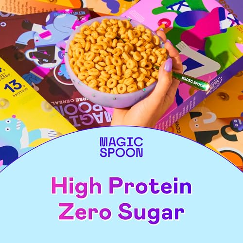 Image of Magic Spoon Cereal - High Protein Cereals - Sugar Free Snacks & Breakfast Food - Grain & Gluten Free Cereal - Low Carb & Keto Friendly - 4 Pack Variety: Fruity, Cocoa, Chocolate Chip, Peanut Butter