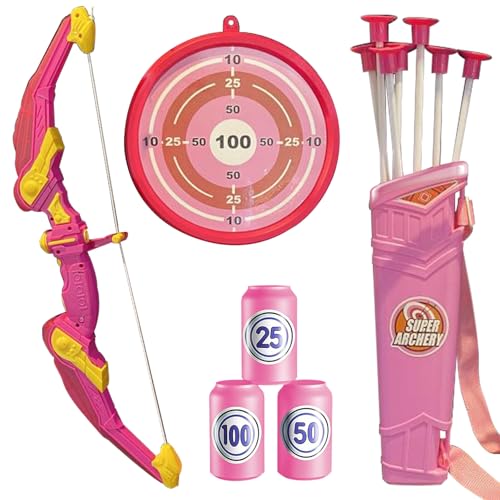 Detontek Kinder Pfeil und Bogen Schießspielzeug, Sport-Bogenschießset, Beleuchtetes Pfeil- und Bogenset, 10 Pfeile mit Gummispitze, Köcher, Zielscheiben, Tasche (rosa)