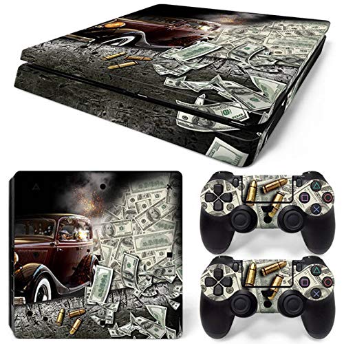 ZOOMHITSKINS PS4 Slim Skins, Mafia Crime Money Cash American Gangster Gun Fire Speed Vintage, Durable, Bubble-free Goo-free,Cover Set of 2 Controller Skins 1 Console Skin, Made in USA