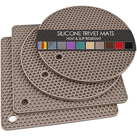 Silicone Trivets for Hot Dishes, 4 PCS Multipurpose Heat Resistant Mat Thick Silicone Hot Pads Pot Holders for Kitchen Counter, Flexible Jar Opener Food Grade Spoon Holder, Silicone Coasters (Almond) Cover