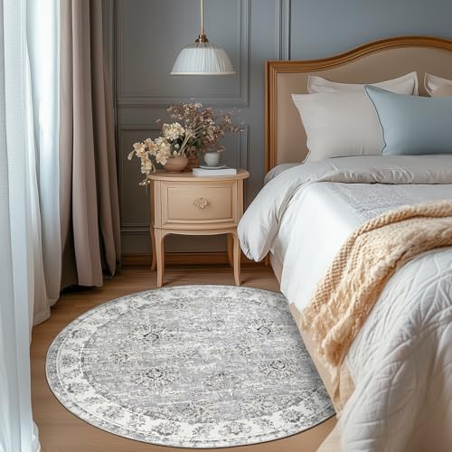 Tapete redondo floral vintage 5 pies gris miniatura 2